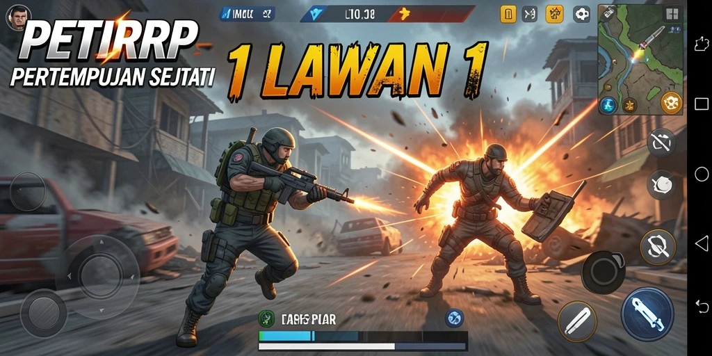 Antarmuka pertempuran seru di PETIRRP yang menampilkan duel 1 lawan 1.